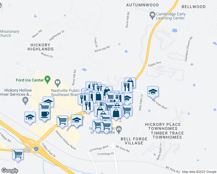 map of restaurants, bars, coffee shops, grocery stores, and more near 1810 Hickory Hollow Terrace in Nashville