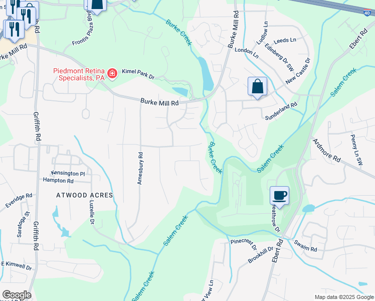 map of restaurants, bars, coffee shops, grocery stores, and more near 2850 Northbridge Road in Winston-Salem