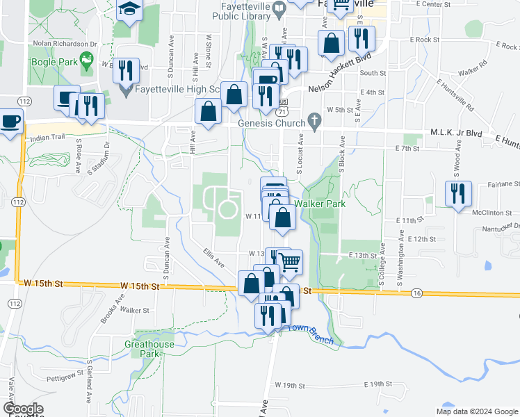 map of restaurants, bars, coffee shops, grocery stores, and more near 1061 South English Place in Fayetteville