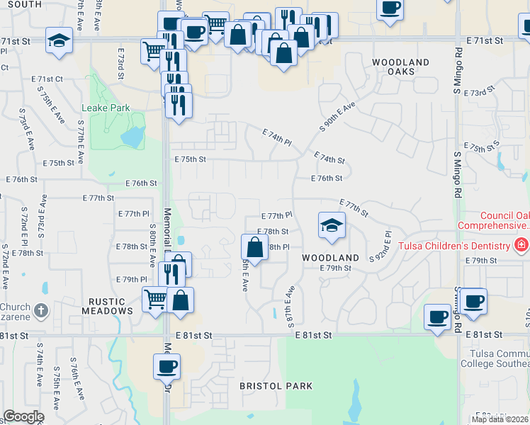 map of restaurants, bars, coffee shops, grocery stores, and more near 8613 East 77th Place in Tulsa
