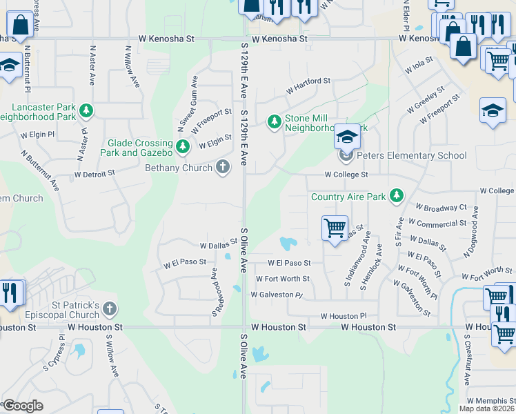 map of restaurants, bars, coffee shops, grocery stores, and more near 101 129th East Avenue in Broken Arrow