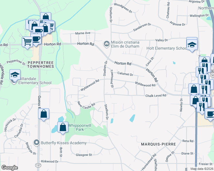 map of restaurants, bars, coffee shops, grocery stores, and more near 2414 Stadium Drive in Durham