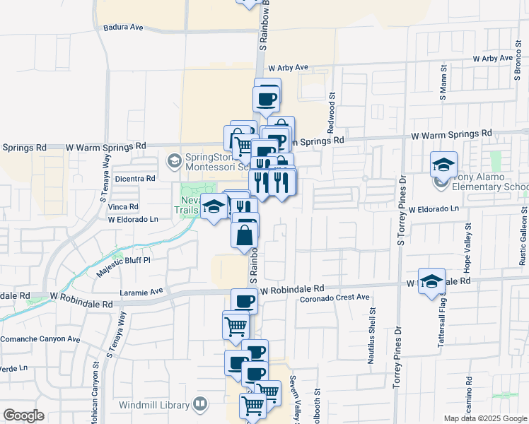 map of restaurants, bars, coffee shops, grocery stores, and more near 7490 South Rainbow Boulevard in Las Vegas