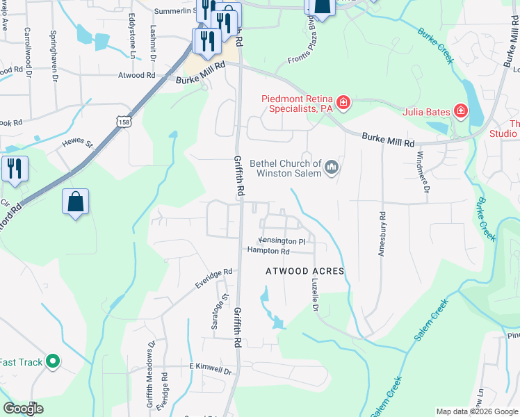 map of restaurants, bars, coffee shops, grocery stores, and more near 620 Victoria Park Lane in Winston-Salem