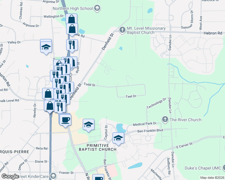 map of restaurants, bars, coffee shops, grocery stores, and more near 405 Todd Street in Durham
