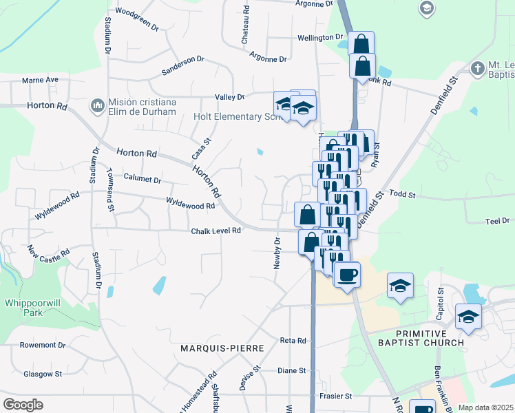 map of restaurants, bars, coffee shops, grocery stores, and more near 30 Stonewall Way in Durham