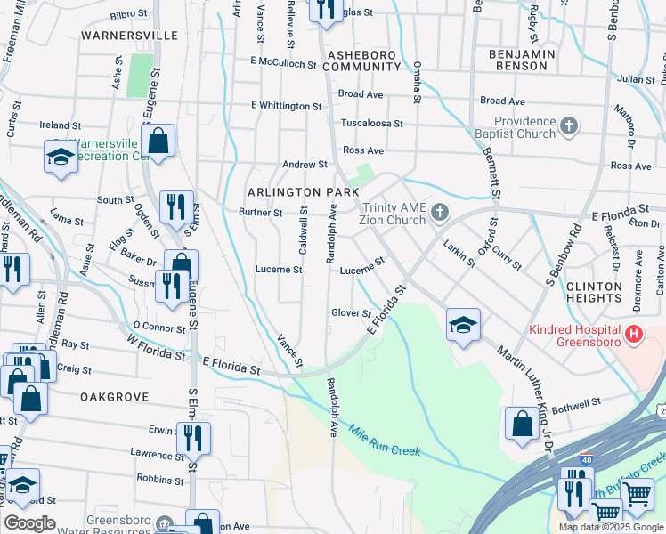 map of restaurants, bars, coffee shops, grocery stores, and more near 1417 Randolph Avenue in Greensboro