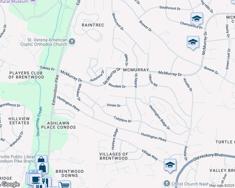 map of restaurants, bars, coffee shops, grocery stores, and more near 632 Huntington Ridge Drive in Nashville