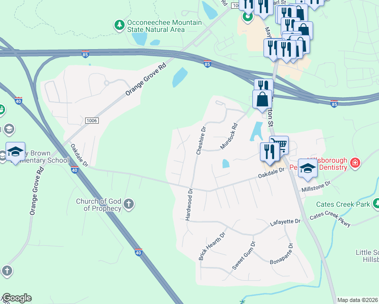 map of restaurants, bars, coffee shops, grocery stores, and more near 2108 Rhonda Road in Hillsborough