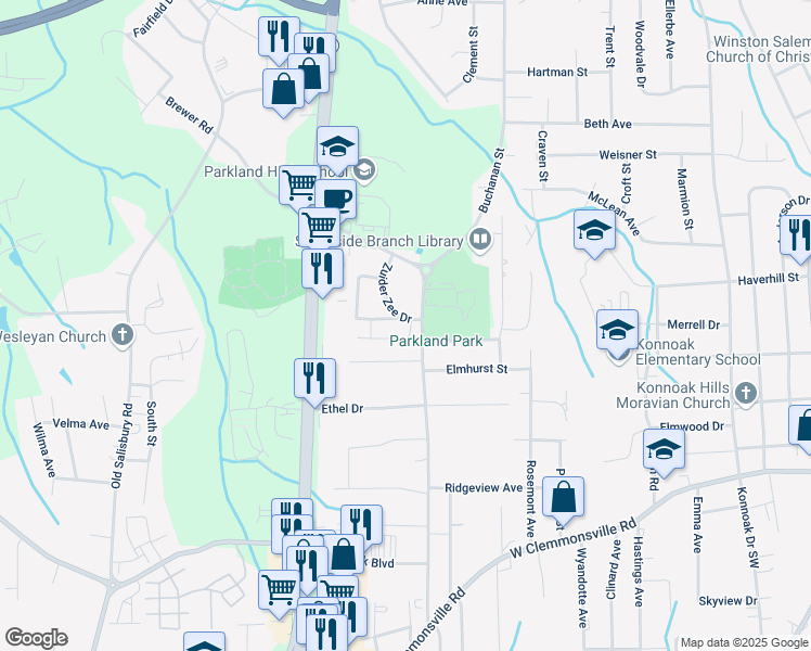 map of restaurants, bars, coffee shops, grocery stores, and more near 1610 Gretel Lane in Winston-Salem