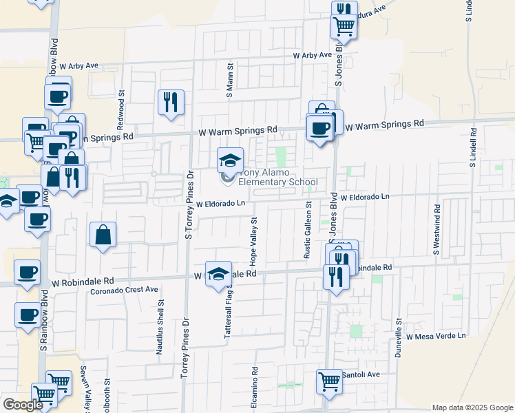 map of restaurants, bars, coffee shops, grocery stores, and more near 6311 West Eldorado Lane in Las Vegas