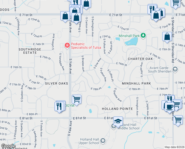 map of restaurants, bars, coffee shops, grocery stores, and more near 7719 South Erie Avenue in Tulsa