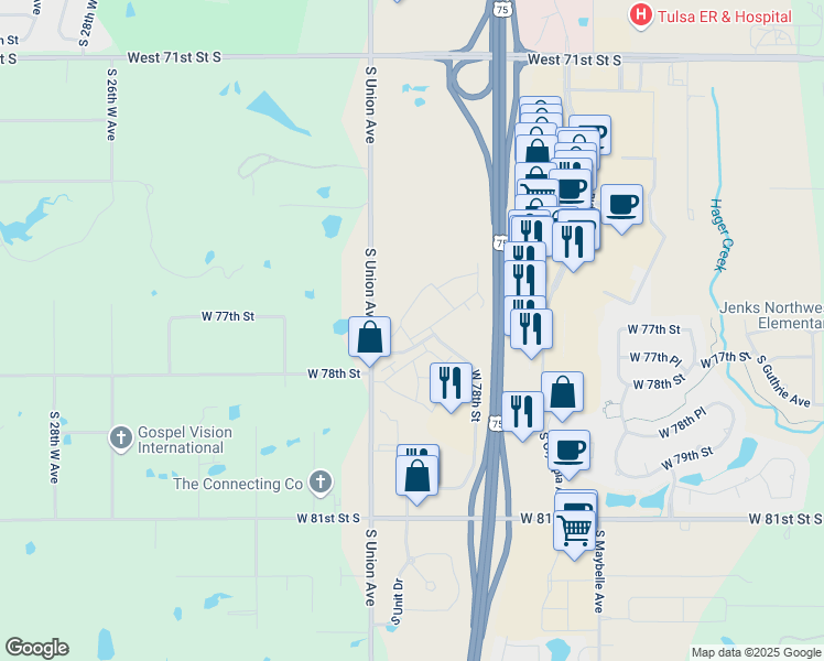 map of restaurants, bars, coffee shops, grocery stores, and more near 1551 West 78th Street South in Tulsa