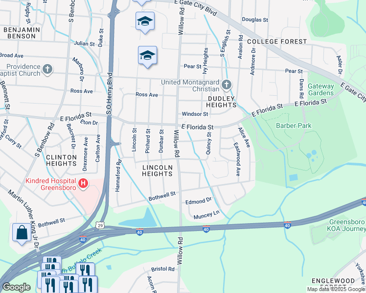 map of restaurants, bars, coffee shops, grocery stores, and more near 2010 Barksdale Drive in Greensboro