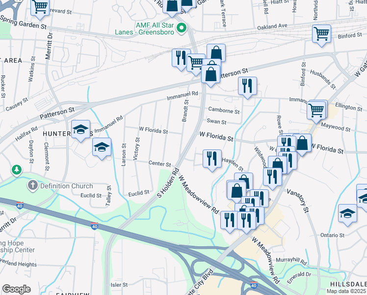 map of restaurants, bars, coffee shops, grocery stores, and more near 1413 Brandt Street in Greensboro
