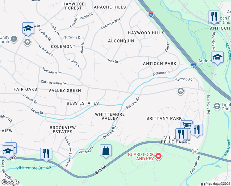 map of restaurants, bars, coffee shops, grocery stores, and more near 127 Tusculum Road in Nashville