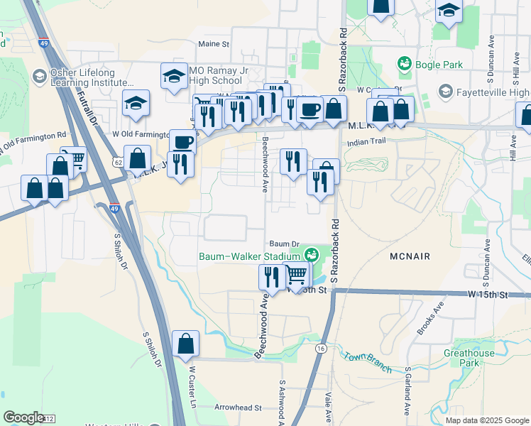 map of restaurants, bars, coffee shops, grocery stores, and more near 1078 Beechwood Avenue in Fayetteville