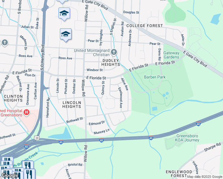 map of restaurants, bars, coffee shops, grocery stores, and more near 1613 Lansdown Avenue in Greensboro