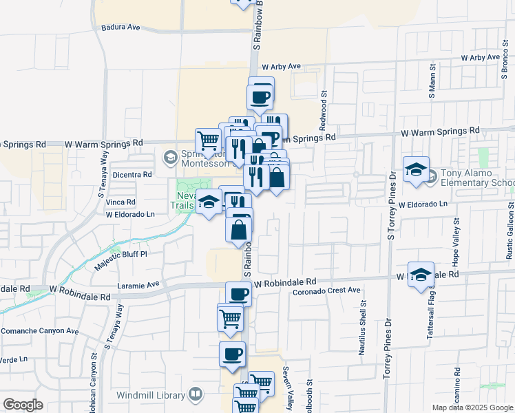 map of restaurants, bars, coffee shops, grocery stores, and more near 7490 South Rainbow Boulevard in Las Vegas
