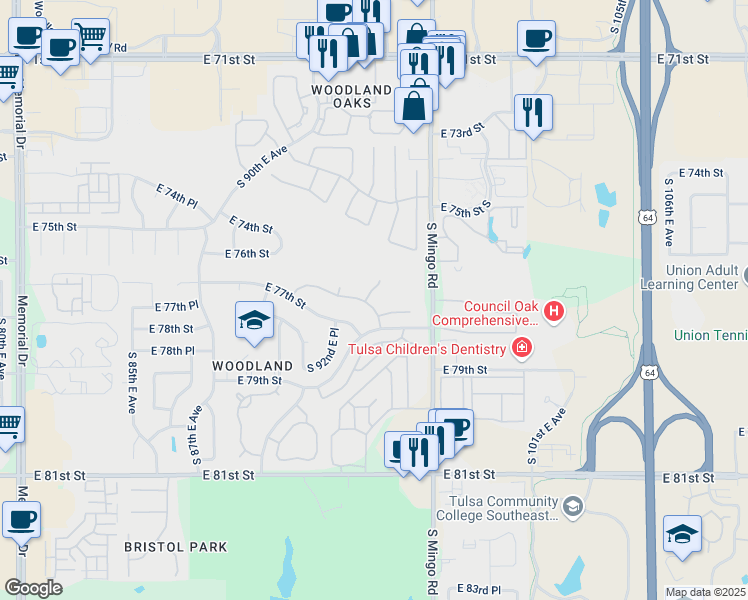 map of restaurants, bars, coffee shops, grocery stores, and more near 7637 South 94th East Avenue in Tulsa