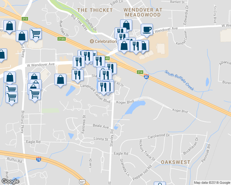 map of restaurants, bars, coffee shops, grocery stores, and more near 1703 Stanley Rd in Greensboro