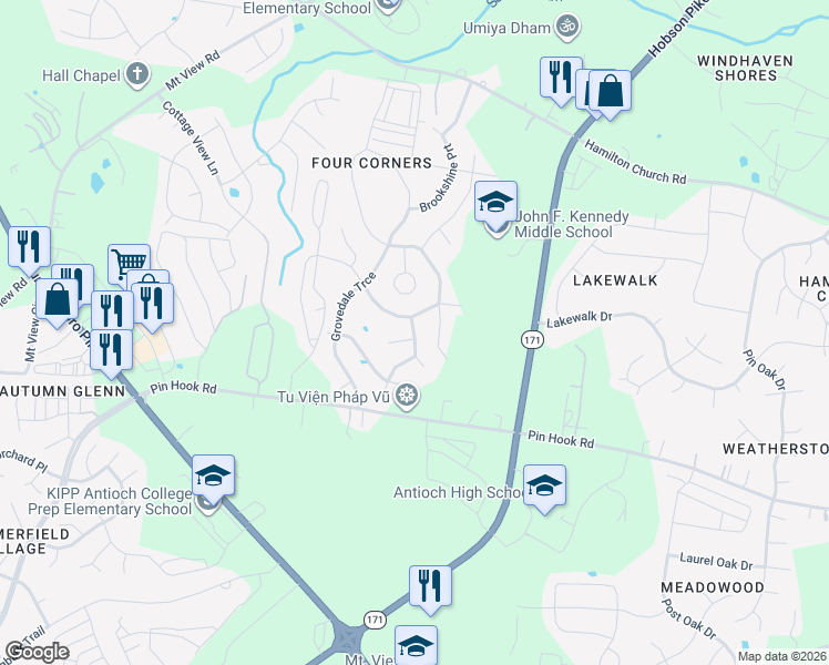 map of restaurants, bars, coffee shops, grocery stores, and more near 1209 Silverstream Point in Nashville