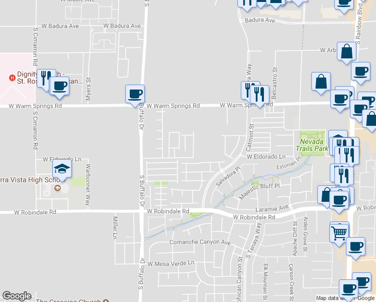 map of restaurants, bars, coffee shops, grocery stores, and more near 7476 Poppy Hills Ct in Las Vegas