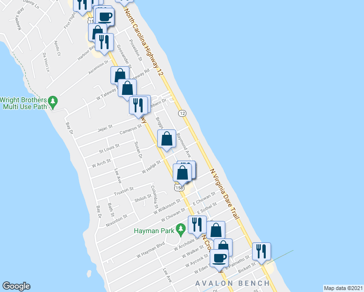 map of restaurants, bars, coffee shops, grocery stores, and more near 206 East Helga Street in Kill Devil Hills