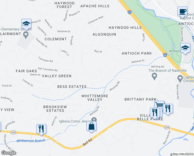 map of restaurants, bars, coffee shops, grocery stores, and more near 127 Tusculum Road in Nashville