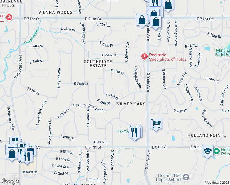 map of restaurants, bars, coffee shops, grocery stores, and more near 7551 South Sandusky Avenue in Tulsa
