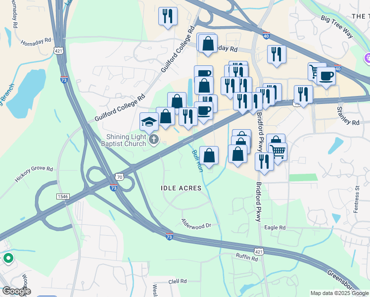 map of restaurants, bars, coffee shops, grocery stores, and more near 4533 West Wendover Avenue in Greensboro