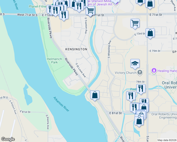 map of restaurants, bars, coffee shops, grocery stores, and more near 7722 S Trenton Ave in Tulsa