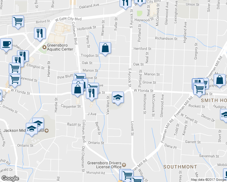 map of restaurants, bars, coffee shops, grocery stores, and more near 1606 West Florida Street in Greensboro