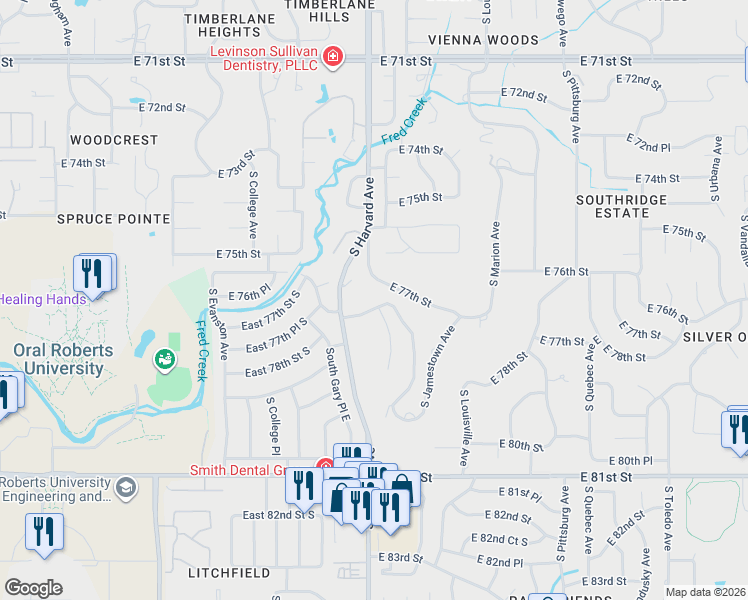 map of restaurants, bars, coffee shops, grocery stores, and more near 7702 South Harvard Place in Tulsa