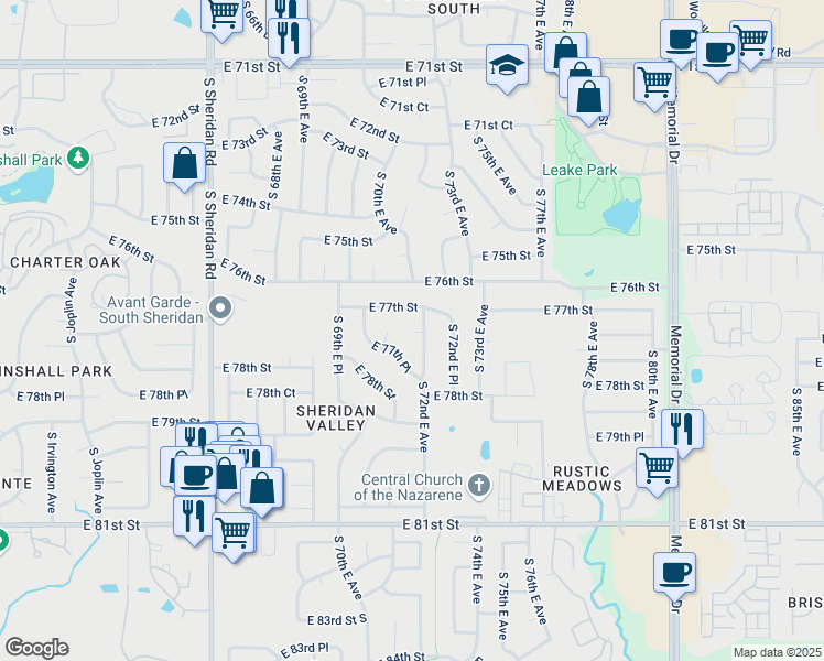 map of restaurants, bars, coffee shops, grocery stores, and more near 7716 South 72nd East Place in Tulsa