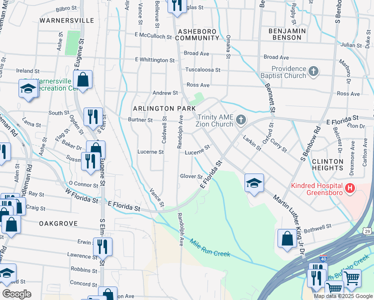 map of restaurants, bars, coffee shops, grocery stores, and more near 607 Lucerne Street in Greensboro