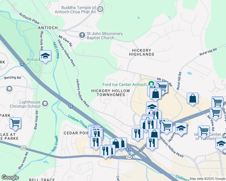 map of restaurants, bars, coffee shops, grocery stores, and more near 250 Hickory Hollow Parkway in Nashville