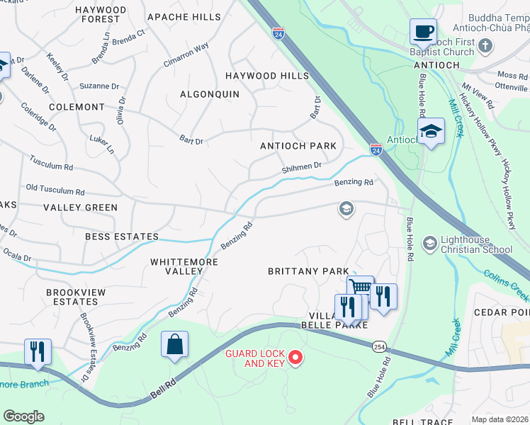 map of restaurants, bars, coffee shops, grocery stores, and more near 88 Tusculum Road in Nashville