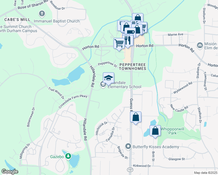 map of restaurants, bars, coffee shops, grocery stores, and more near 2730 Hillandale Road in Durham