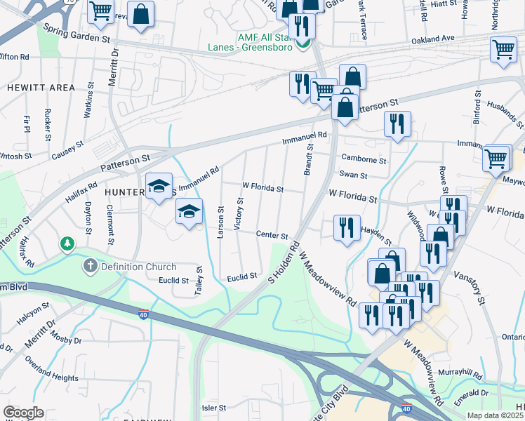 map of restaurants, bars, coffee shops, grocery stores, and more near 1413 Dorsey Street in Greensboro