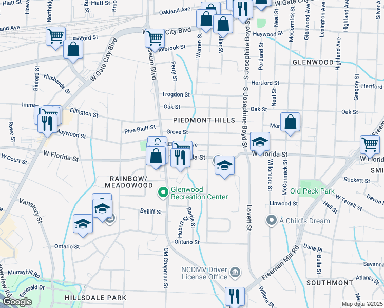 map of restaurants, bars, coffee shops, grocery stores, and more near 1712 West Florida Street in Greensboro