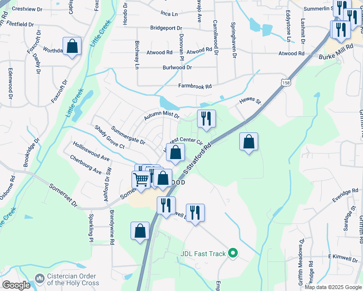 map of restaurants, bars, coffee shops, grocery stores, and more near 290 Hillcrest Center Drive in Winston-Salem