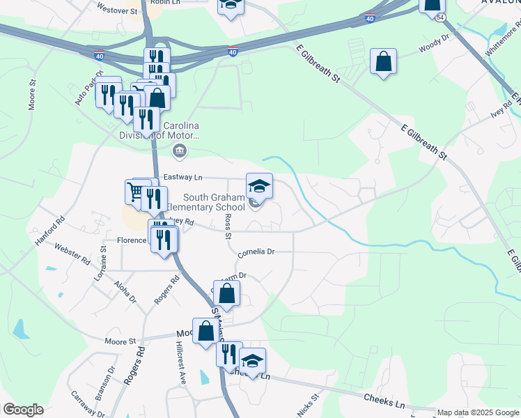 map of restaurants, bars, coffee shops, grocery stores, and more near 320 Ivey Road in Graham