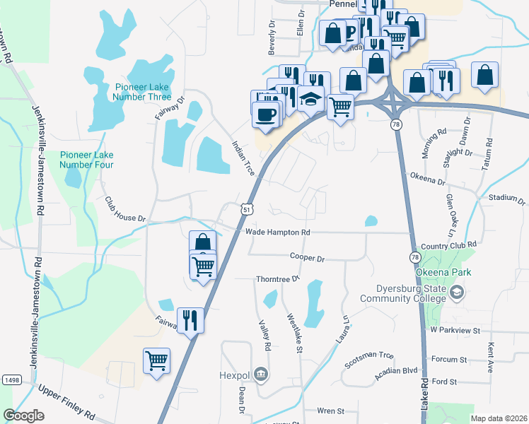 map of restaurants, bars, coffee shops, grocery stores, and more near 7 Hampton Place in Dyersburg
