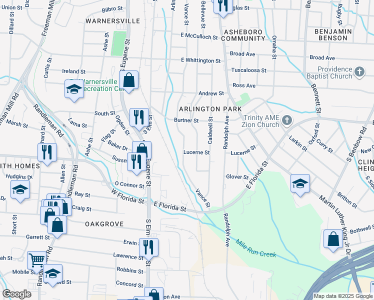 map of restaurants, bars, coffee shops, grocery stores, and more near 1417 Vance Street in Greensboro