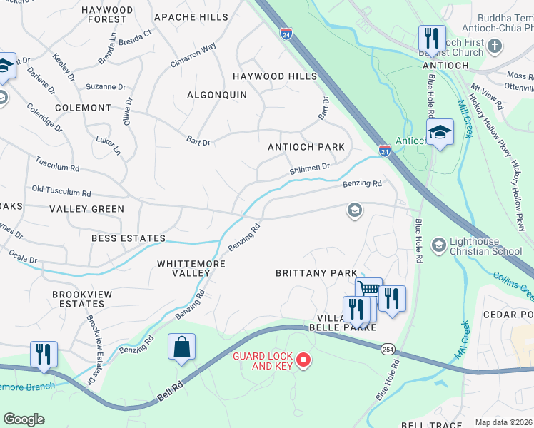 map of restaurants, bars, coffee shops, grocery stores, and more near 88 Tusculum Road in Nashville