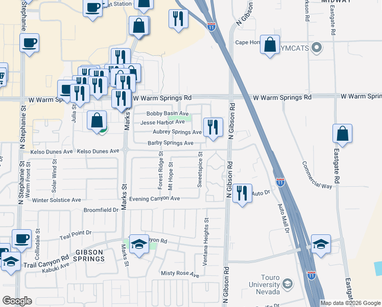 map of restaurants, bars, coffee shops, grocery stores, and more near 1130 Point Success Avenue in Henderson
