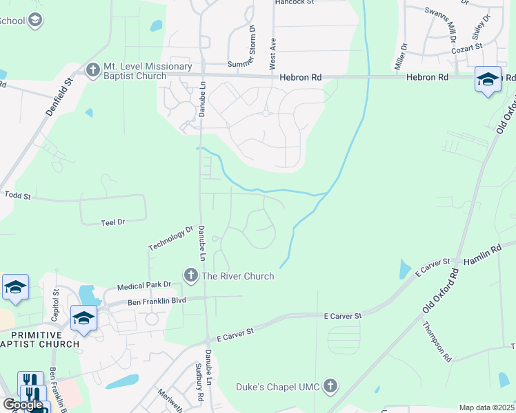 map of restaurants, bars, coffee shops, grocery stores, and more near 4355 Flintlock Lane in Durham