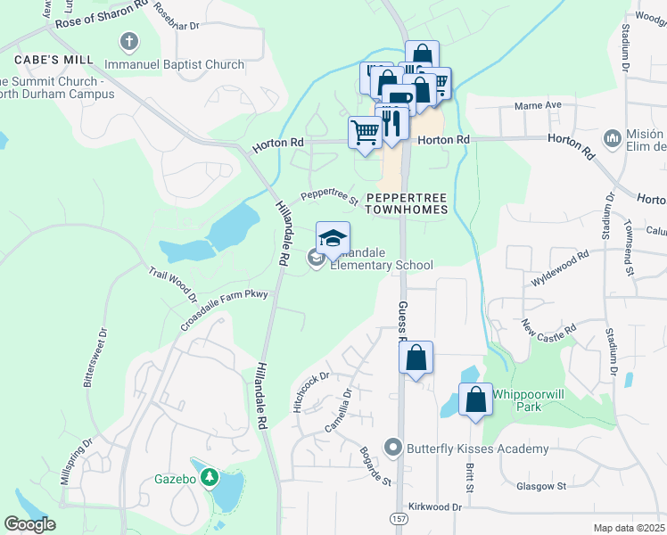 map of restaurants, bars, coffee shops, grocery stores, and more near 2730 Hillandale Road in Durham