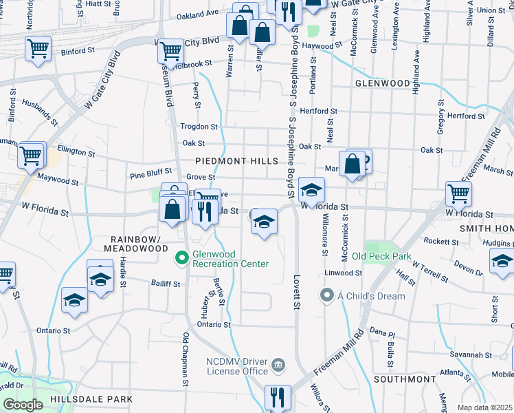 map of restaurants, bars, coffee shops, grocery stores, and more near 1606 West Florida Street in Greensboro